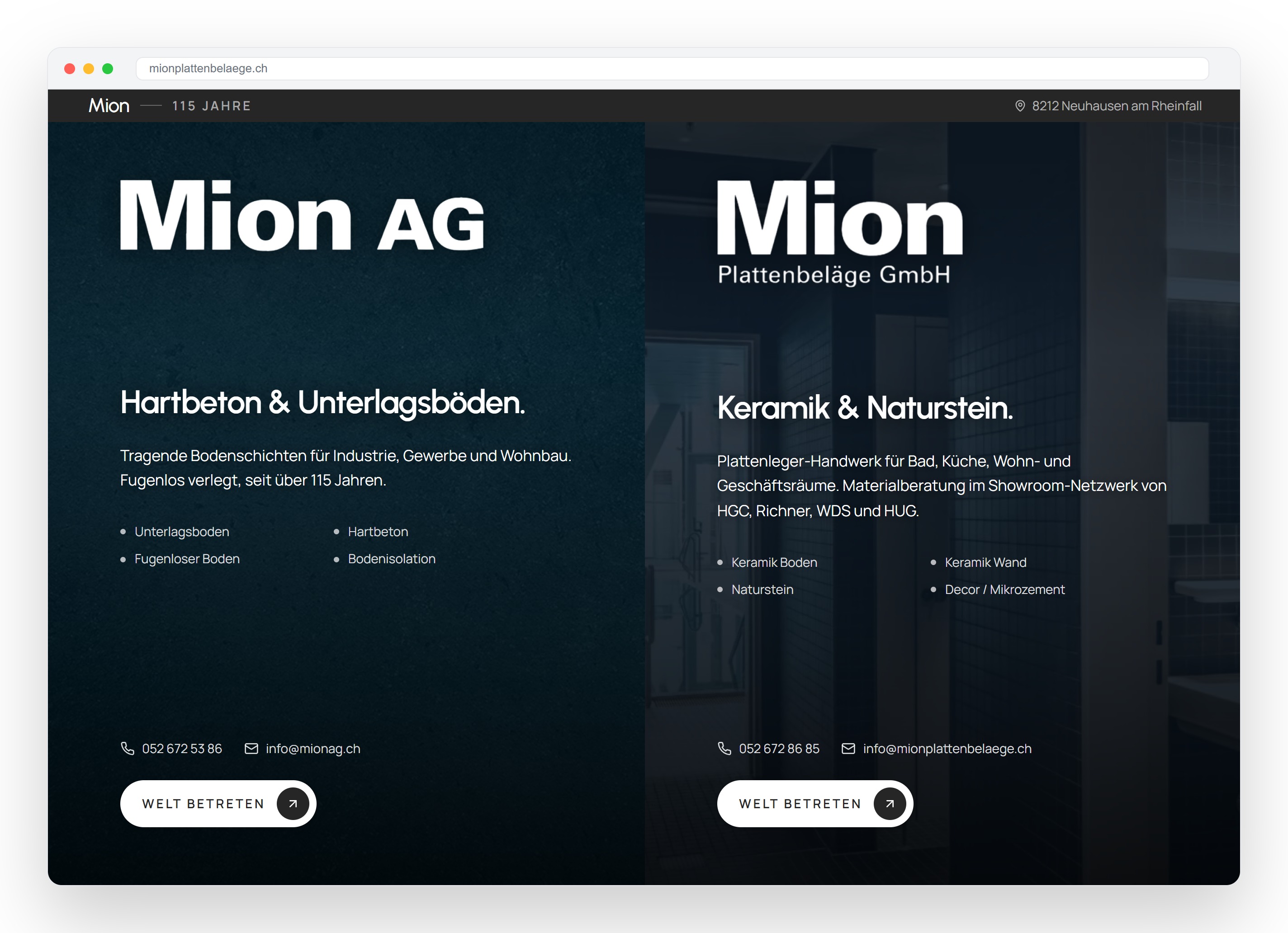 Mion Startseite mit getrennten Bereichen für AG und GmbH