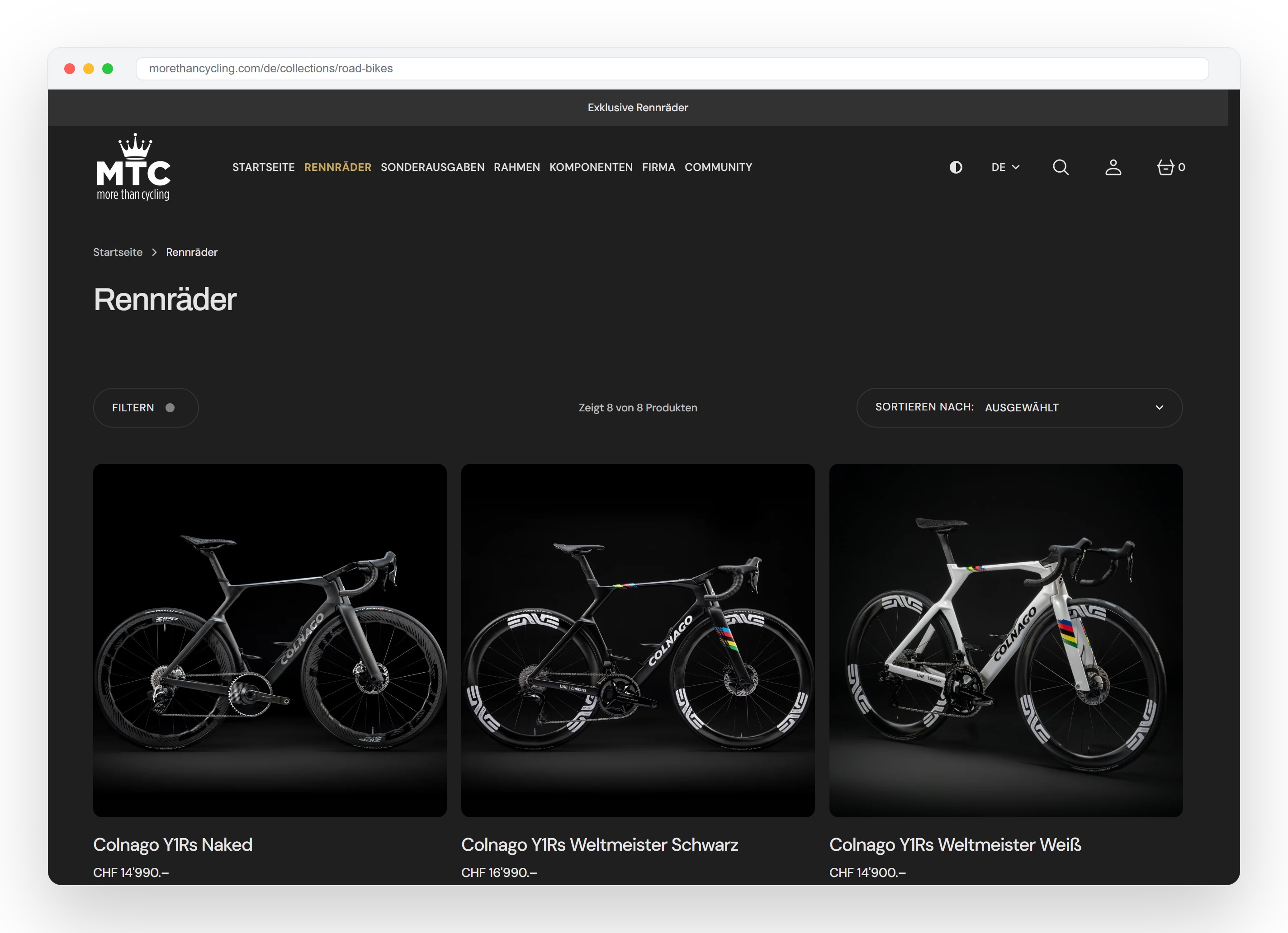 MoreThanCycling Produktübersicht auf dem Desktop