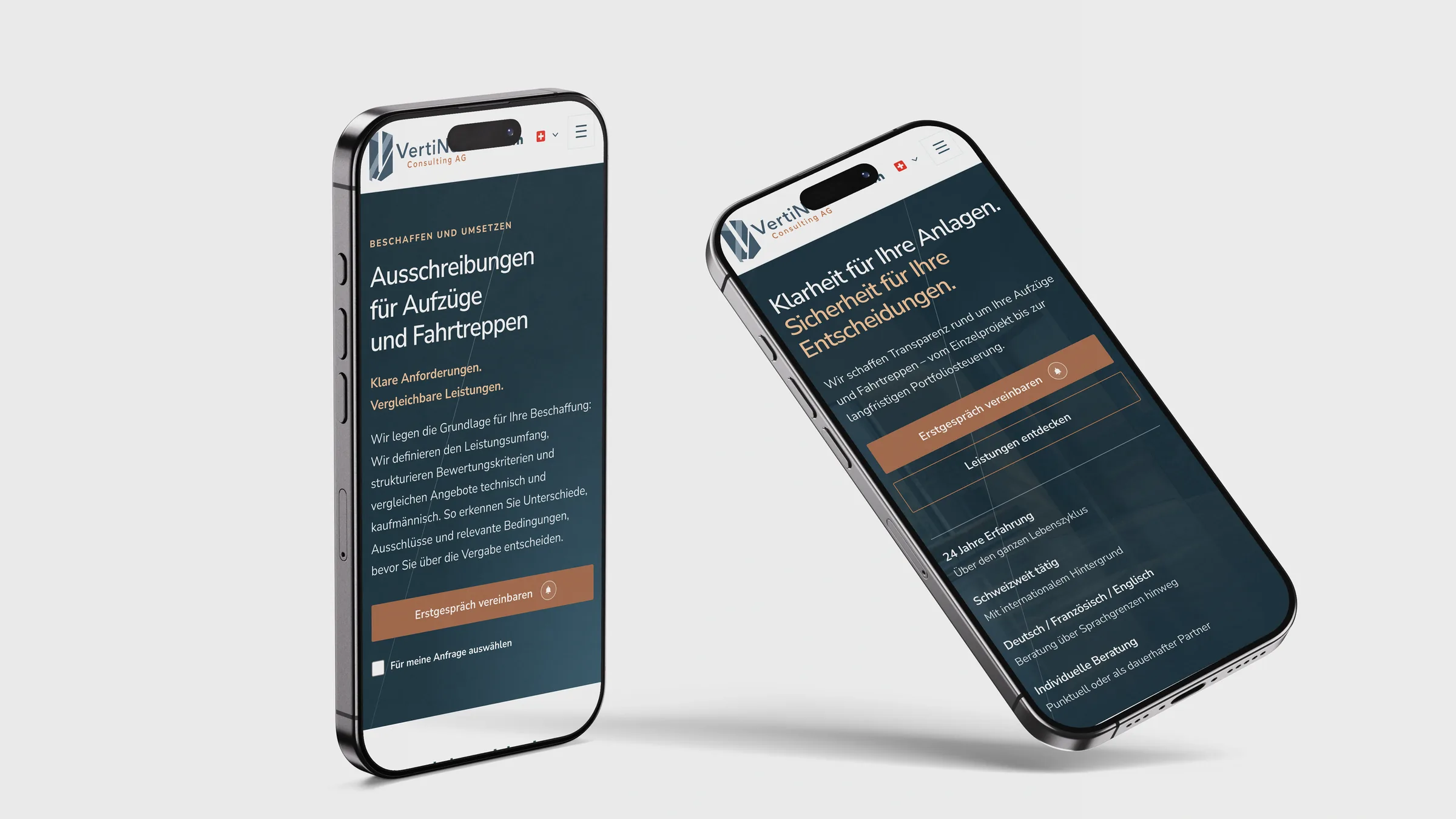 VertiNova Consulting AG, Startseite und Leistungsseite auf dem Smartphone